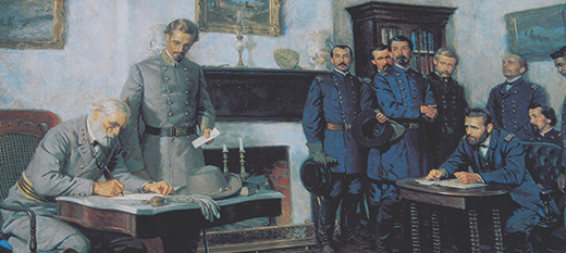 Figure 15.19 Vastly outnumbered by the Union army, the Confederate general Robert E. Lee (seated at the left) surrendered to Ulysses S. Grant at Appomattox Courthouse. (credit: “Alaskan Dude”/Wikimedia Commons)