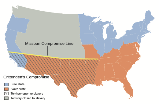 Figure 15.3 Crittenden’s Compromise would protect slavery in all states where it already existed. More importantly, however, it proposed to allow the western expansion of slavery into states below the Missouri Compromise line.