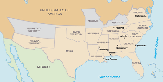 Figure 15.6 This map illustrates the southern states that seceded from the Union and formed the Confederacy in 1861, at the outset of the Civil War.
