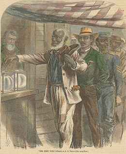Figure 16.10 The First Vote, by Alfred R. Waud, appeared in Harper’s Weekly in 1867. The Fifteenth Amendment gave black men the right to vote for the first time.
