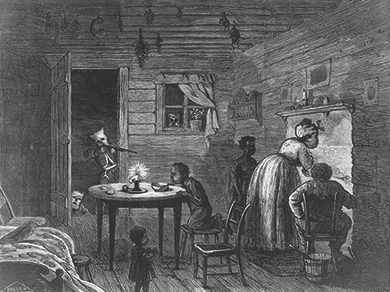 Figure 16.14 This illustration by Frank Bellew, captioned “Visit of the Ku-Klux,” appeared in Harper’s Weekly in 1872. A hooded Klansman surreptitiously points a rifle at an unaware black family in their home.