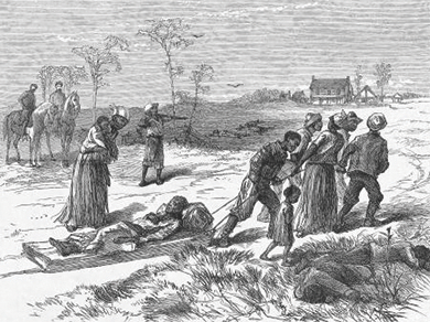 Figure 16.15 In this illustration by Charles Harvey Weigall, captioned “The Louisiana Murders—Gathering the Dead and Wounded” and published in Harper’s Weekly in 1873, survivors of the Colfax Massacre tend to those involved in the conflict. The dead and wounded all appear to be black, and two white men on horses watch over them. Another man stands with a gun pointed at the survivors.