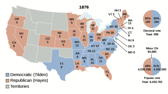 Figure 16.16 This map illustrates the results of the presidential election of 1876. Tilden, the Democratic candidate, swept the South, with the exception of the contested states of Florida, Louisiana, and South Carolina.