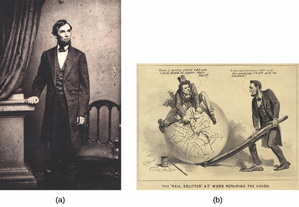 Figure 16.3 Thomas Le Mere took this albumen silver print (a) of Abraham Lincoln in April 1863. Le Mere thought a standing pose of Lincoln would be popular. In this political cartoon from 1865 (b), Lincoln and his vice president, Andrew Johnson, endeavor to sew together the torn pieces of the Union.
