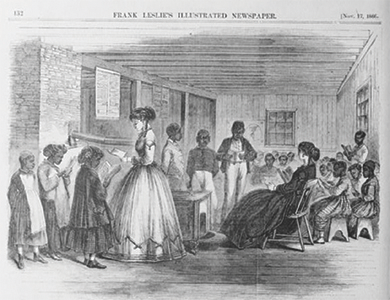 Figure 16.5 The Freedmen’s Bureau, as shown in this 1866 illustration from Frank Leslie’s Illustrated Newspaper, created many schools for black elementary school students. Many of the teachers who provided instruction in these southern schools, though by no means all, came from northern states.