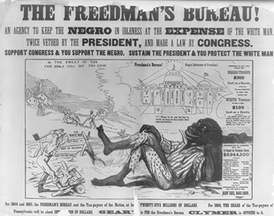 Figure 16.6 The caption of this image reads, “The Freedman’s Bureau! An agency to keep the Negro in idleness at the expense of the white man. Twice vetoed by the President, and made a law by Congress. Support Congress & you support the Negro. Sustain the President & you protect the white man.”