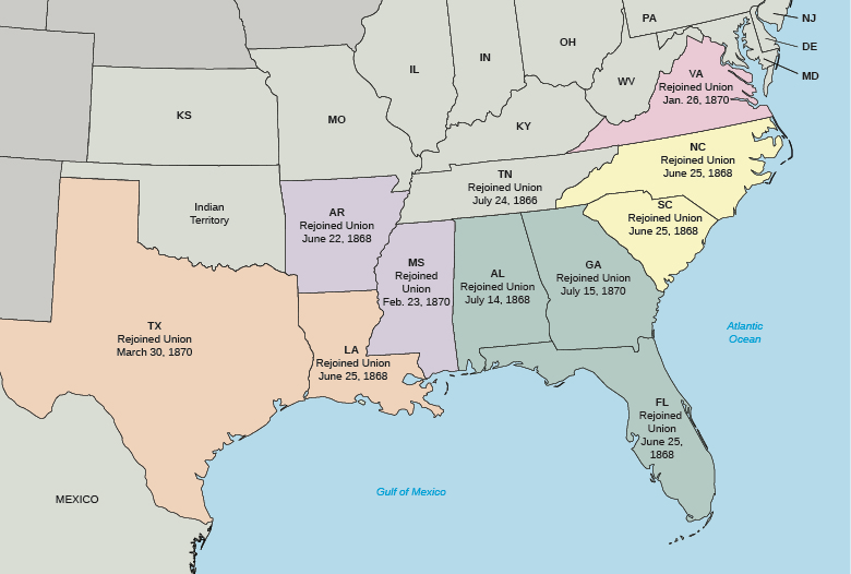 Figure 16.7 The map above shows the five military districts established by the 1867 Military Reconstruction Act and the date each state rejoined the Union. Tennessee was not included in the Reconstruction Acts as it had already been readmitted to the Union at the time of their passage.