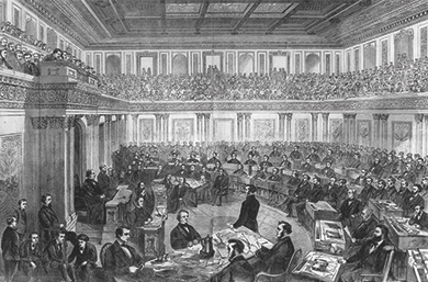 Figure 16.8 This illustration by Theodore R. Davis, which was captioned “The Senate as a court of impeachment for the trial of Andrew Johnson,” appeared in Harper’s Weekly in 1868. Here, the House of Representatives brings its grievances against Johnson to the Senate during impeachment hearings.
