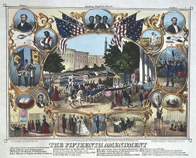 Figure 16.9 The Fifteenth Amendment. Celebrated May 19th, 1870, a commemorative print by Thomas Kelly, celebrates the passage of the Fifteenth Amendment with a series of vignettes highlighting black rights and those who championed them. Portraits include Ulysses S. Grant, Abraham Lincoln, and John Brown, as well as black leaders Martin Delany, Frederick Douglass, and Hiram Revels. Vignettes include the celebratory parade for the amendment’s passage, “The Ballot Box is open to us,” and “Our representative Sits in the National Legislature.”
