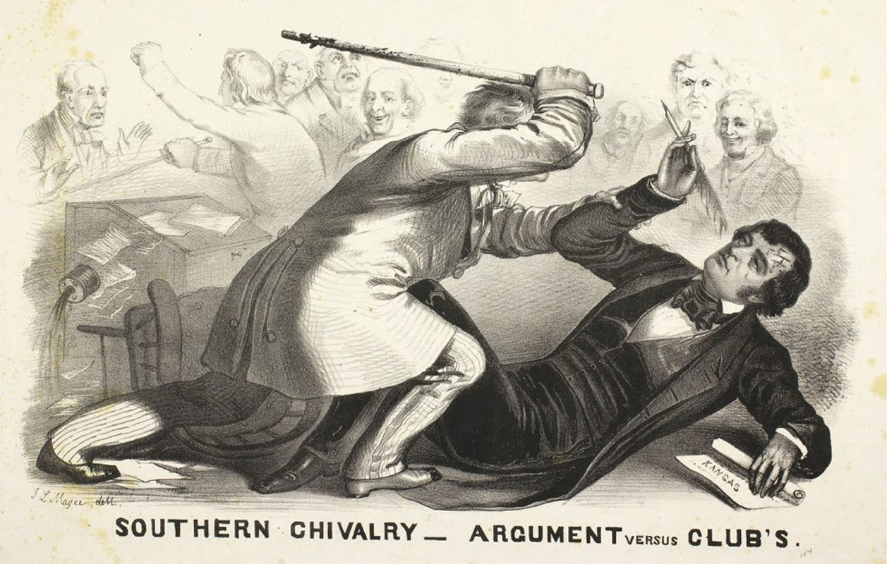 Figure 14.1 In Southern Chivalry: Argument versus Club’s (1856), by John Magee, South Carolinian Preston Brooks attacks Massachusetts senator Charles Sumner after his speech denouncing “border ruffians” pouring into Kansas from Missouri. For southerners, defending slavery meant defending southern honor.