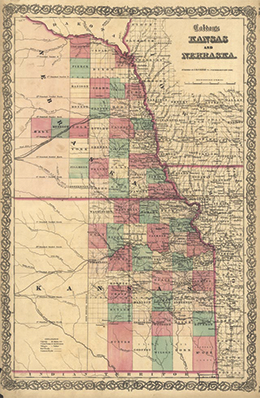 Figure 14.12 This 1855 map shows the new territories of Kansas and Nebraska, complete with proposed routes of the transcontinental railroad.