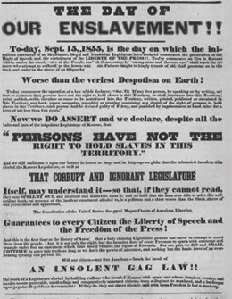 Figure 14.13 This full-page editorial ran in the Free-Soiler Kansas Tribune on September 15, 1855, the day Kansas’ Act to Punish Offences against Slave Property of 1855 went into effect. This law made it punishable by death to aid or abet a fugitive slave, and it called for punishment of no less than two years for anyone who might: “print, publish, write, circulate, or cause to be introduced into this Territory . . . [any materials] . . . containing any denial of the right of persons to hold slaves in this Territory.”