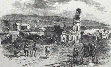 Figure 14.14 This undated image shows the aftermath of the sacking of Lawrence, Kansas, by border ruffians. Shown are the ruins of the Free State Hotel.