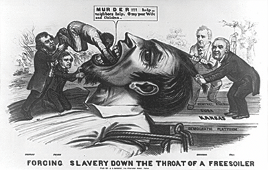 Figure 14.15 This 1856 political cartoon, Forcing Slavery Down the Throat of a Free Soiler, by John Magee, shows Republican resentment of the Democratic platform—here represented as an actual platform—of expanding slavery into new western territories.