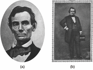 Figure 14.17 In 1858, Abraham Lincoln (a) debated Stephen Douglas (b) seven times in the Illinois race for the U.S. Senate. Although Douglas won the seat, the debates propelled Lincoln into the national political spotlight.