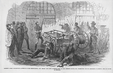 Figure 14.19 John Brown’s raid on Harpers Ferry represented the radical abolitionist’s attempt to start a revolt that would ultimately end slavery. This 1859 illustration, captioned “Harper’s Ferry insurrection—Interior of the Engine-House, just before the gate is broken down by the storming party—Col. Washington and his associates as captives, held by Brown as hostages,” is from Frank Leslie’s Illustrated Magazine. Do you think this image represents a southern or northern version of the raid? How are the characters in the scene depicted?