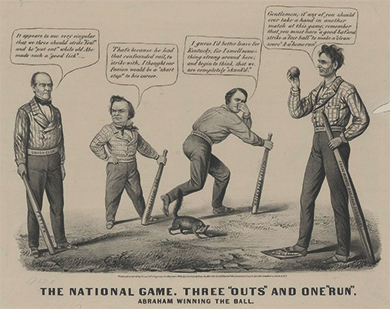 Figure 14.20 The national game. Three “outs” and one “run” (1860), by Currier and Ives, shows the two Democratic candidates and one Constitutional Union candidate who lost the 1860 election to Republican Lincoln, shown at right.