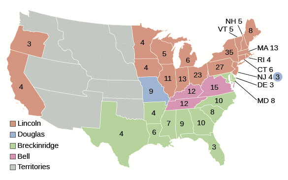 Figure 14.21 This map shows the disposition of electoral votes for the election of 1860. The votes were divided along almost perfect sectional lines.