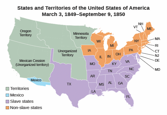Figure 14.3 This map shows the states and territories of the United States as they were in 1849–1850. (credit “User:Golbez”/Wikimedia Commons)