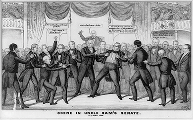 Figure 14.4 This 1850 print, Scene in Uncle Sam’s Senate, depicts Mississippi senator Henry S. Foote taking aim at Missouri senator Thomas Hart Benton. In the print, Benton declares: “Get out of the way, and let the assassin fire! let the scoundrel use his weapon! I have no arm’s! I did not come here to assassinate!” Foote responds, “I only meant to defend myself!” (credit: Library of Congress)