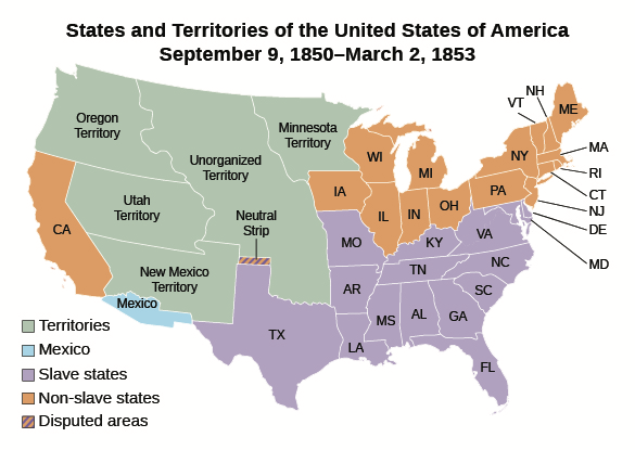 Figure 14.5 This map shows the states and territories of the United States as they were from 1850 to March 1853. (credit “User:Golbez”/Wikimedia Commons)